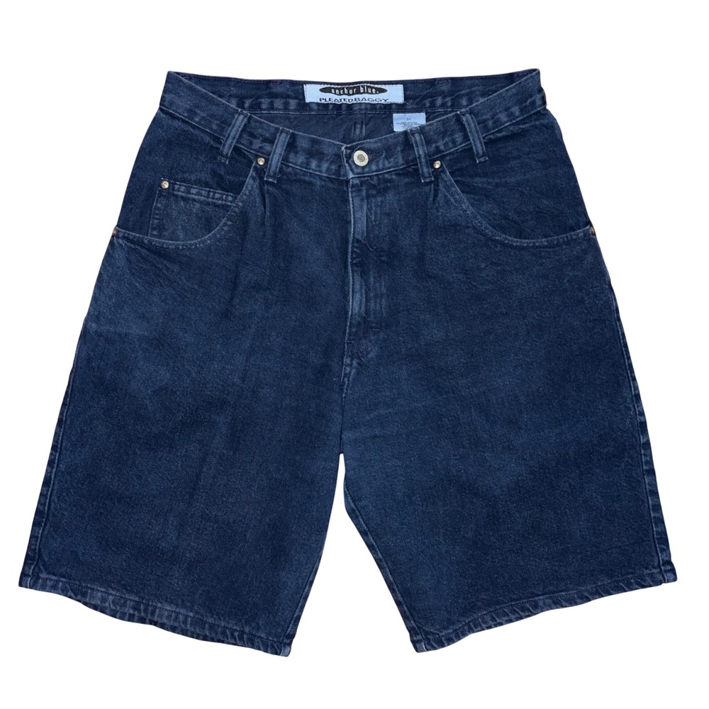 Anchor Blue Pleated Baggy Denim Shorts Dark Wash 32 Waist Vintage 90s Streetwear